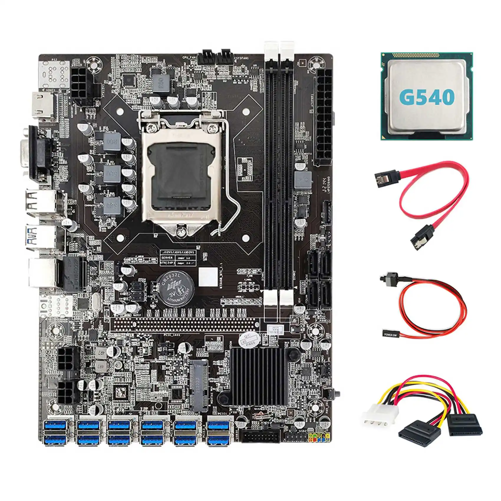B75 ETH Miner Motherboard 12 PCIE to USB3.0+G540 CPU+4PIN to SATA Cable+SATA Cable+Switch Cable LGA1155 Motherboard
