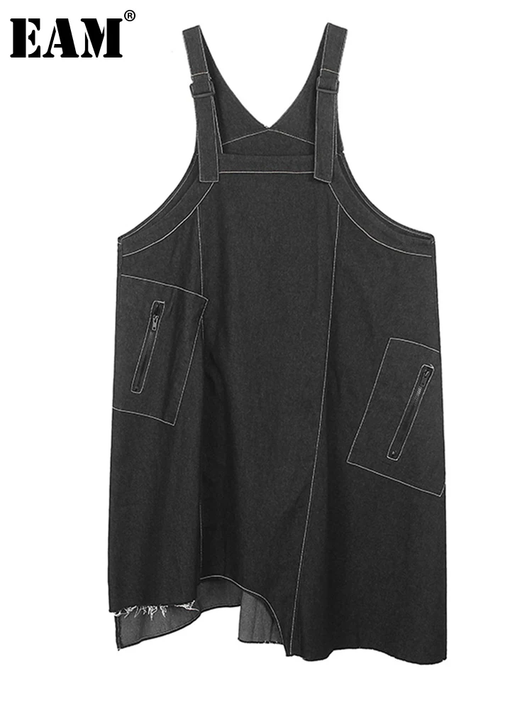 

Женское джинсовое платье EAM, черное асимметричное платье на бретелях с v-образным вырезом без рукавов, весна-осень 2023, 1DF7571