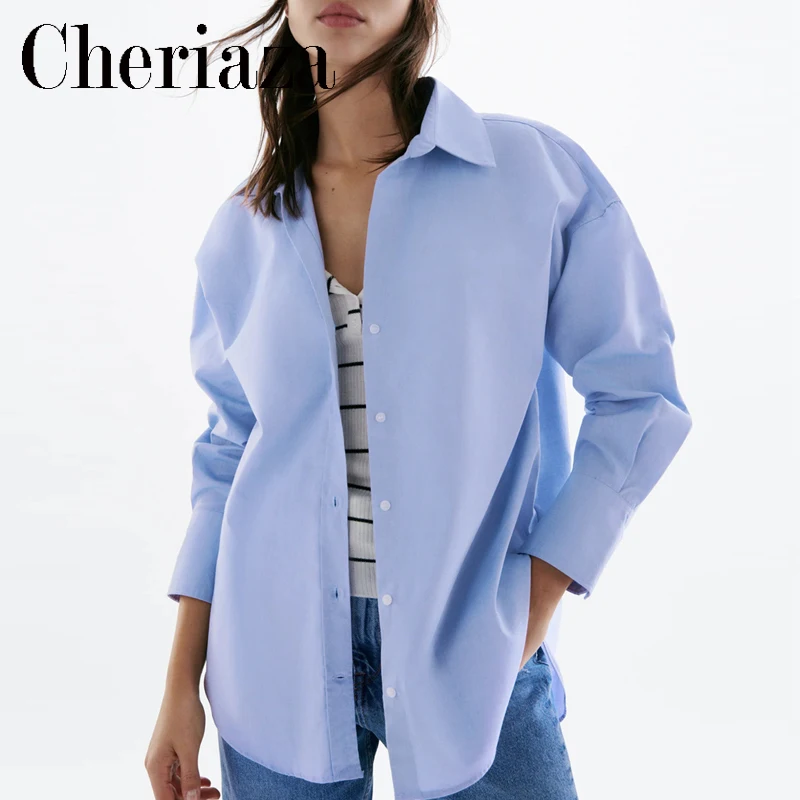 

Женская рубашка оксфорд с асимметричным подолом, голубая однотонная Повседневная офисная блузка с длинным рукавом, весна-осень 2022