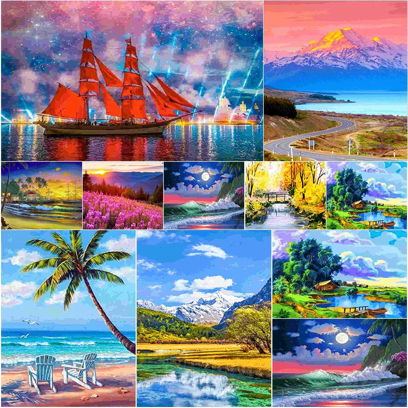 

AB Colorful Diamond Painting Full Rouns Drill Sunrise Sunset Landscape Embroidery Valley Scenery Pictures Home Decoration Gift