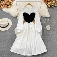 spring super fairy french retro gentle wind a line long skirt tea break first love fake two piece round neck dress female