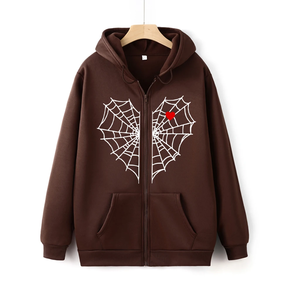 

Vintage Y2K Spider Web Print Zipper Sweatshirt Streetwear Hip Hop Spiderweb Graphic Unisex Zip-up Hoodie Autumn Casual Zip Hoody