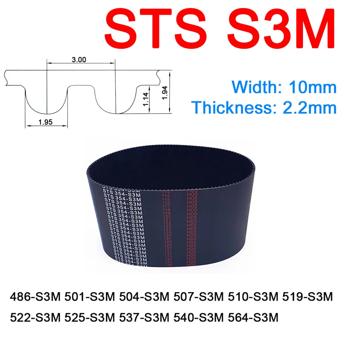 

1Pc Width 10mm S3M Rubber Arc Tooth Timing Belt Pitch Length 486 501 504 507 510 519 522 525 537 540 564mm Synchronous Belts