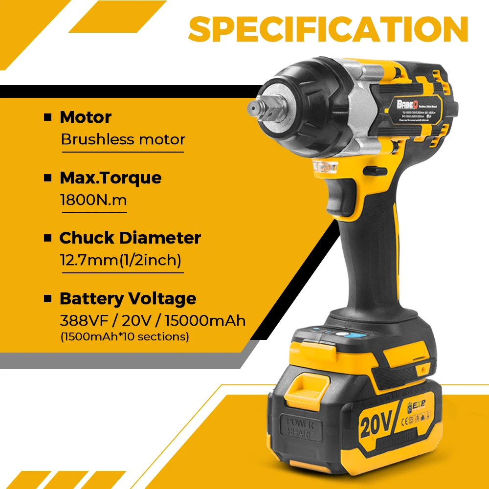 BABEQ 1800N.M Бесщеточный электрический ударный гайковерт с крутящим моментом 1/2 дюйма
