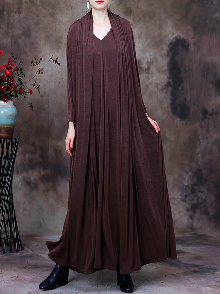 

Balonimo Women Elegant Knit Long Dress 2023 Spring New Plus Size Solid Color Fake Two-piece V-neck Maxi Dress Female Robe