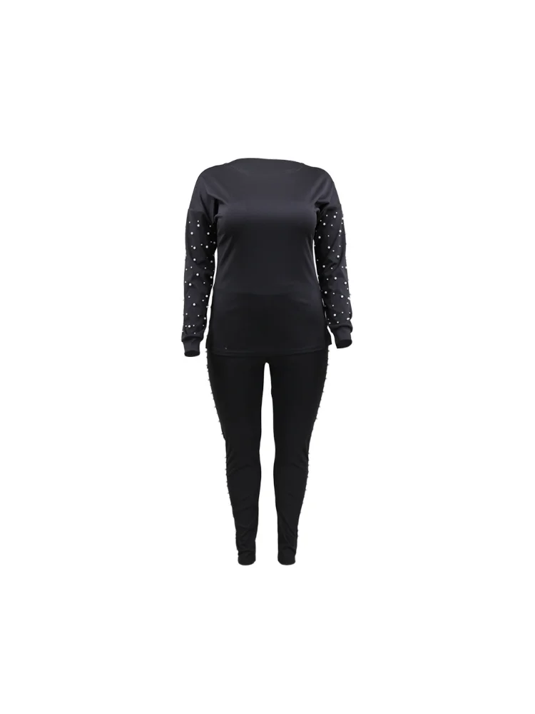 Plus Size Women Clothing Solid Color Long Sleeve Fashionable Bubble Bead Round Neck Top Casual Trousers Two-piece Suit Slim Fit