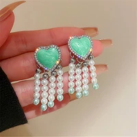 statement green heart pearl tassel earrings for women korean style personality new dangle earings