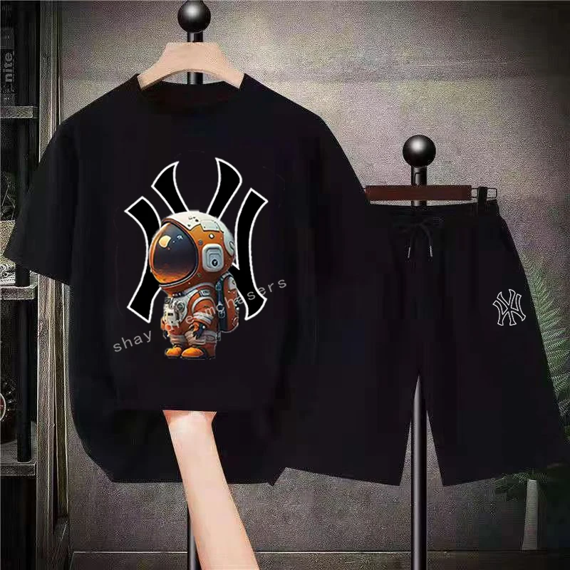

Summer Men's Fashion Set 3d Solid Color Letter Brand Printed O-neck T-shirt Top Beach Shorts 2 Sets Breathable Sportswear