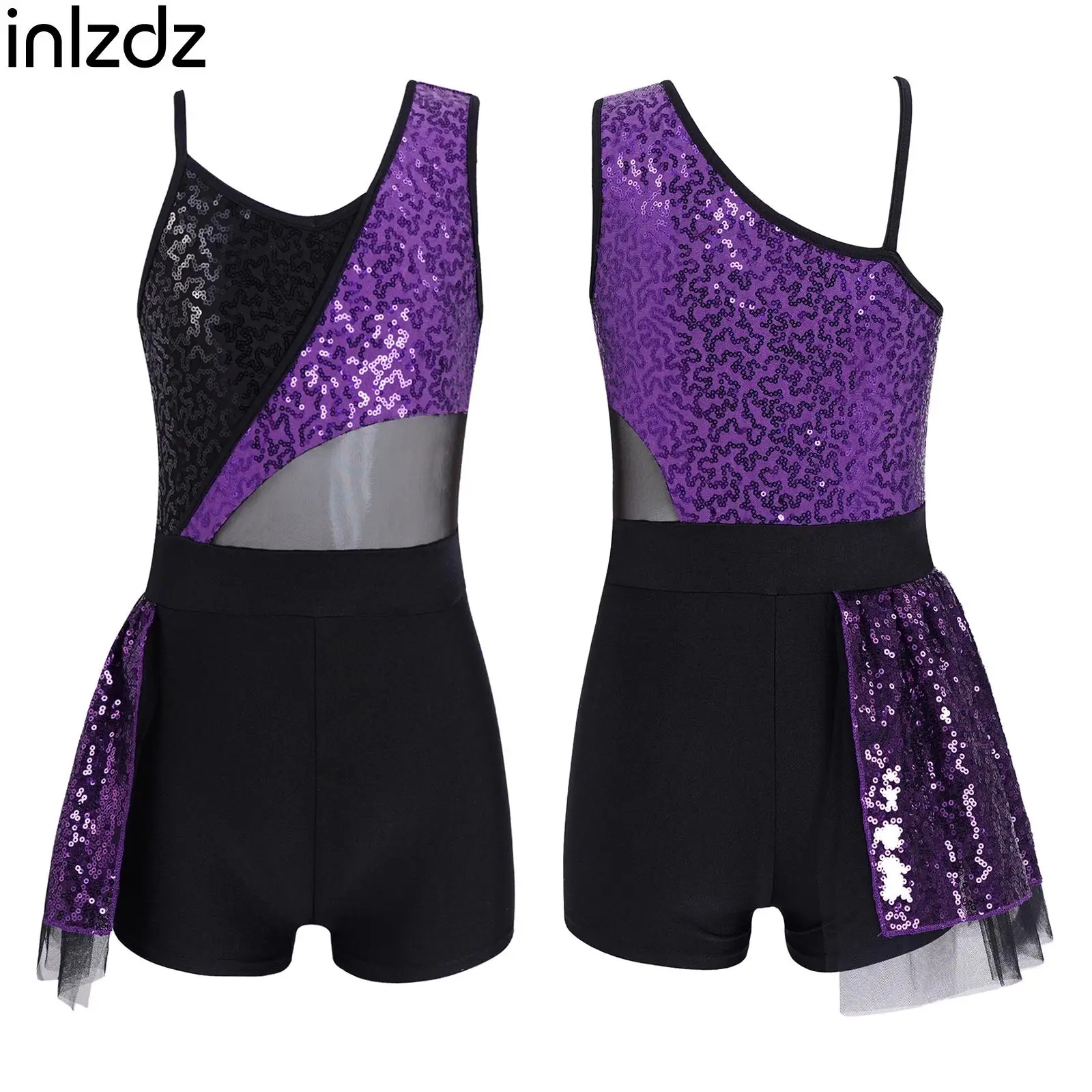 

inIzdz Kids Girls Sleeveless Sparkling Sequins Asymmetrical 1Pcs Dance Leotards Patchwork Ruffles Hem Spandex Mesh Dress Pants