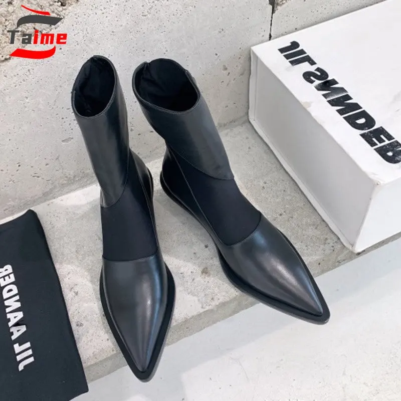 

Женские черные ботильоны с острым носком на высоком каблуке, новинка 2022, эластичные кожаные ботинки с прострочкой, готическая обувь, женски...
