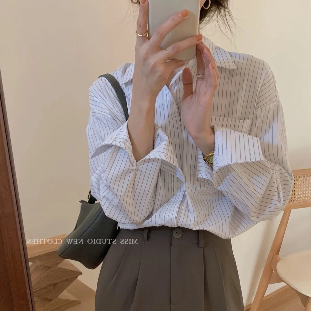 

Buttoned Formal Blouses for Women White Vertical Stripes Long Sleeve Collared Shirt Cotton Fall Clothes Elegant Office Wear 2022