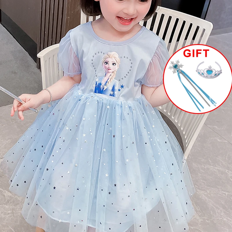 

Disney Frozen Princess Dress Girl Birthday Party Carnival Summer Casual Elsa Anna Print Short Sleeve Costume+Crown Magic Wand