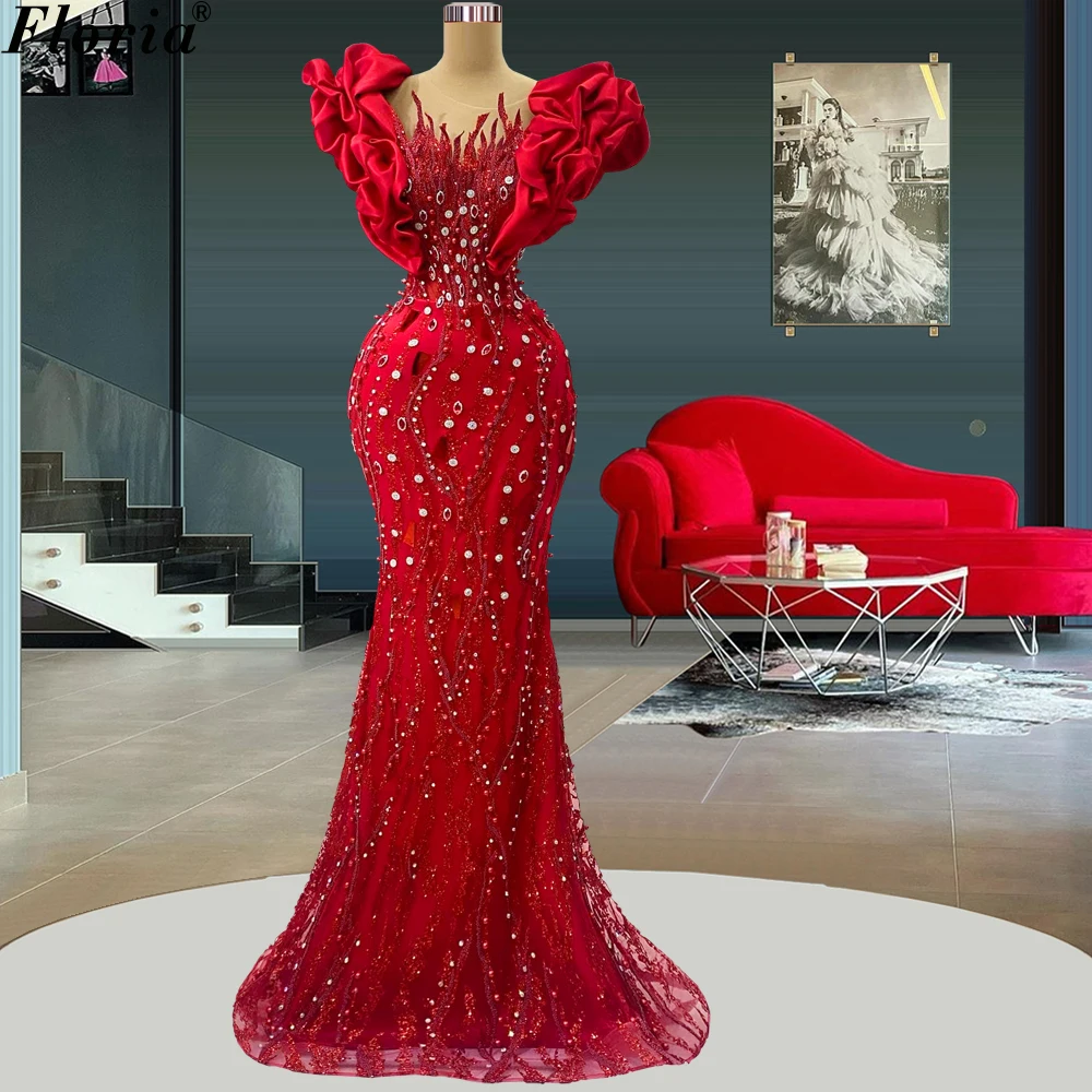 

Crystal Red Evening Dresses Mermaid Luxury Evening Gowns Pearls Wedding Party Dress Vestidos De Fiesta Elegantes Para Mujer 2023