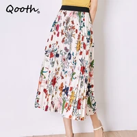 qooth summer chiffon high waist mid length printed pleated skirt women elegant vintage retro fashion long a line skirt qt1830