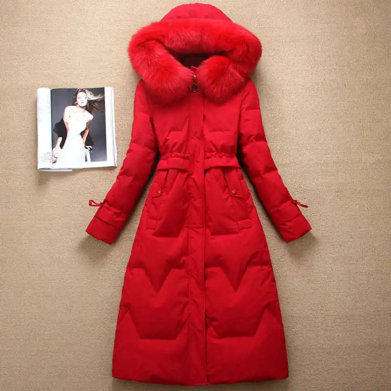 Korean Women's Winter New Jacket Fashion Slim Women Mid-length Over The Knee Faux Fox Fur Collar Down Jacket New Coats