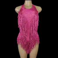 sparkly crystals fringe bodysuit women nightclub party outfit dance costume one piece stage wear sexy performance show leotard
