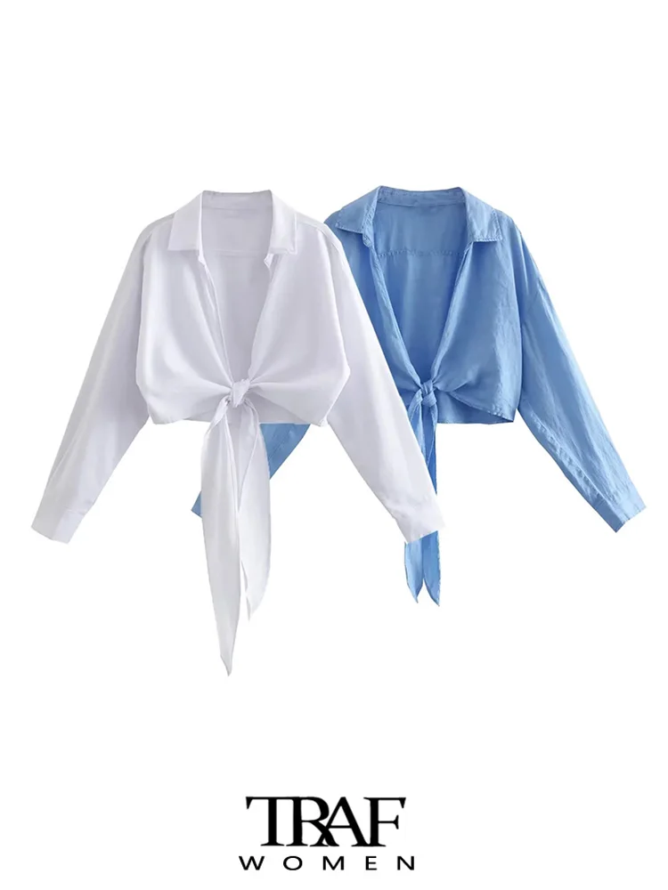 

TRAF Women Fashion With Bow Tied Linen Cropped Shirts Vintage Johnny Collar Long Sleeve Female Blouses Blusas Chic Tops