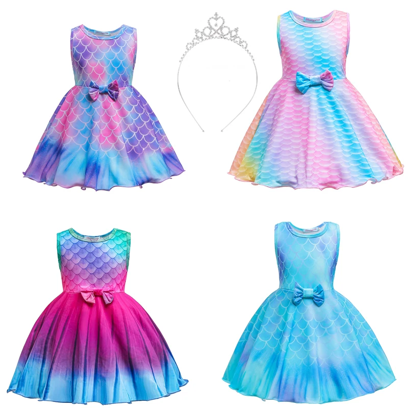 

Summer Style Rainbow Print Ariel Princess Dress for Girls Sleeveless Casual Colorful Holiday Fancy Little Girl Mermaid Costume