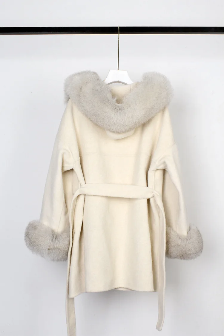 FURYOUME 2022 Winter Women Wool Jacket Long Real Fur Coat Loose Cashmere Wool Blends Streetwear Natural Fox Fur Hood with Belt enlarge