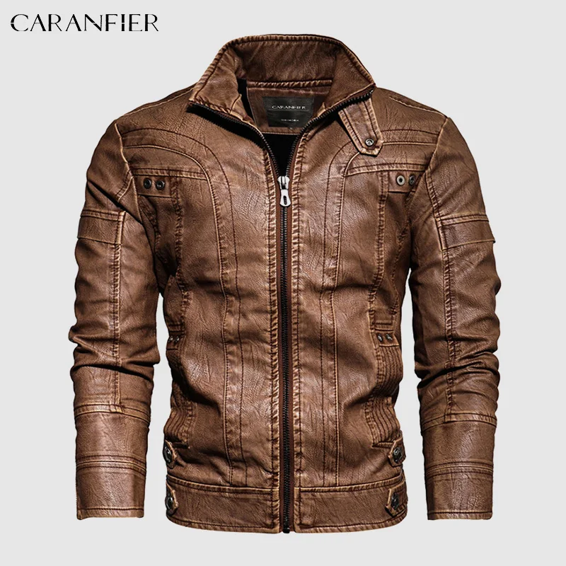 

CARANFIER Men's PU Leather Jacket Male Locomotive Fleece Winter Coats Faux Biker Racing Outerwear Zipper Stand Collar Chaquetas