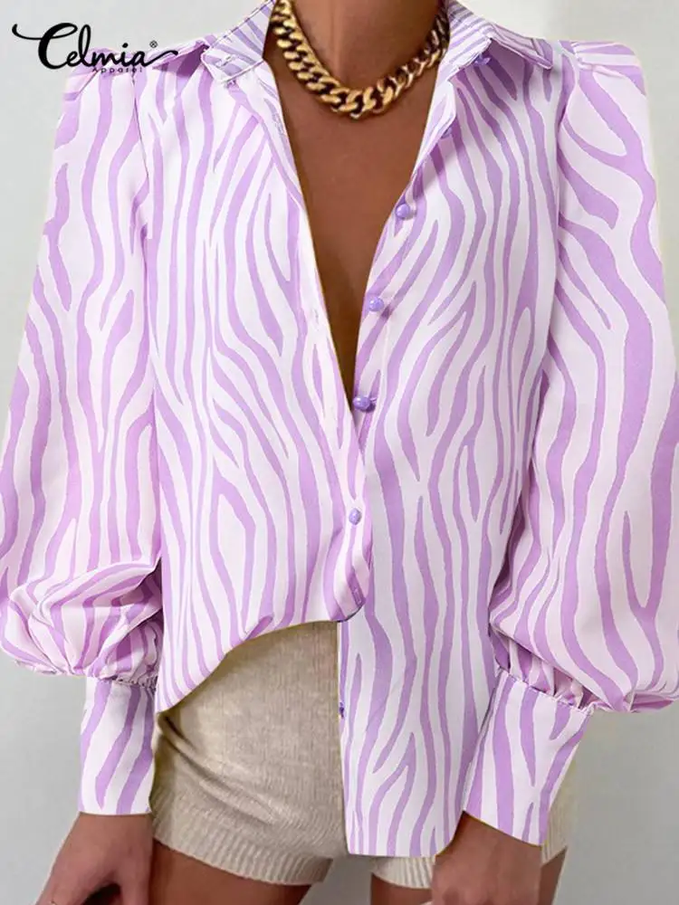 

Celmia Lapel 2022 Summer Chemise Elegant Lady Women Buttons Long Puff Sleeve Blouses Streetwear Zebra Printing Fashion Shirts