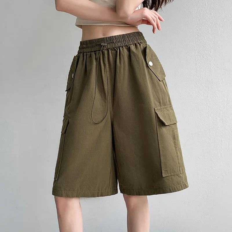 Cargo Shorts Woman 2023 Summer New Arrivals Loose Casual Bottoms With Side Big Pockets Khaki Pink Black Army Green Streetwear