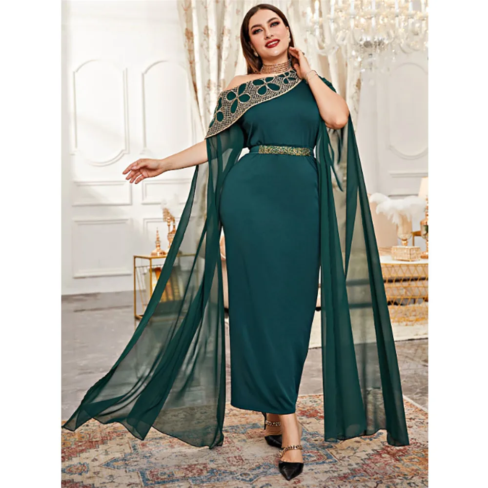 Арабское зеленое мусульманское вечернее платье с одним открытым плечом и накидкой с длинными рукавами Дубай женские платья для официально...