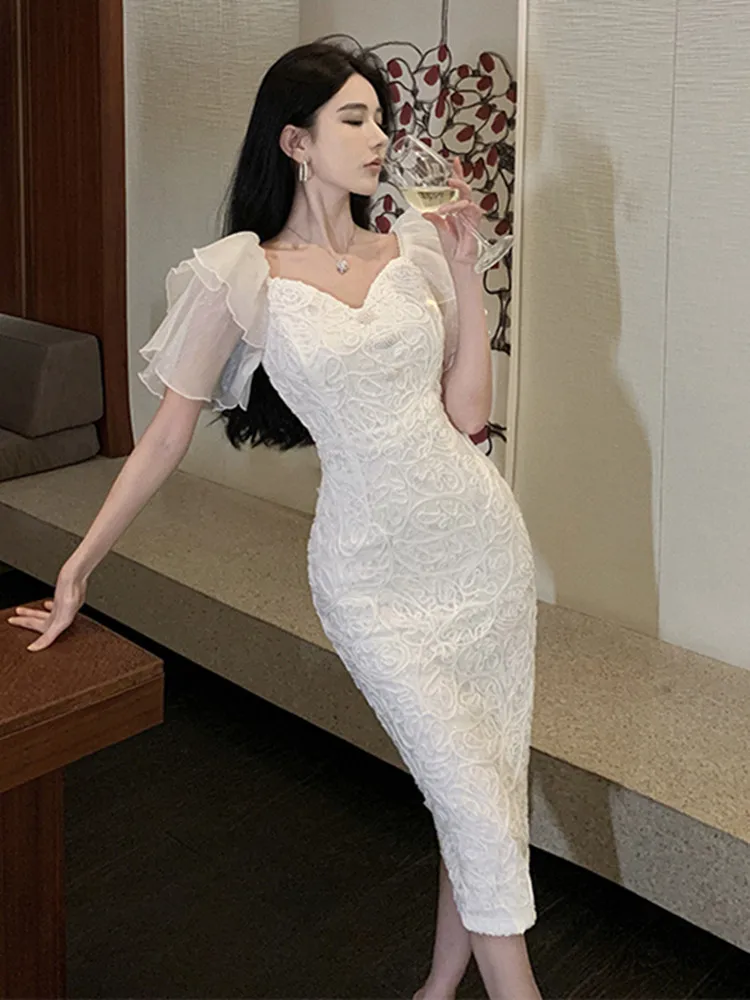 

New Fashion Sexy Slim Bodycon White Dress for Women Chiffon Patchwork Ruffles Sleeves Embroidery Sheath Club Evening Vestidos