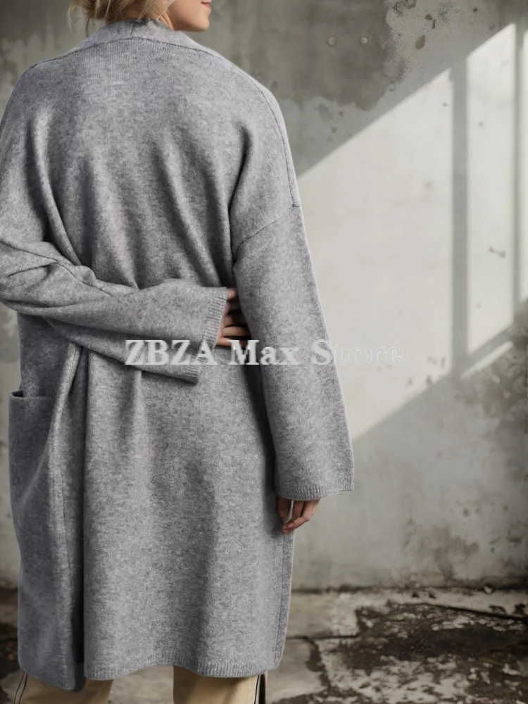 Zbza Женский Вязаный Кардиган Пальто Средней Длины Круглый Вырез Длинный Рукав