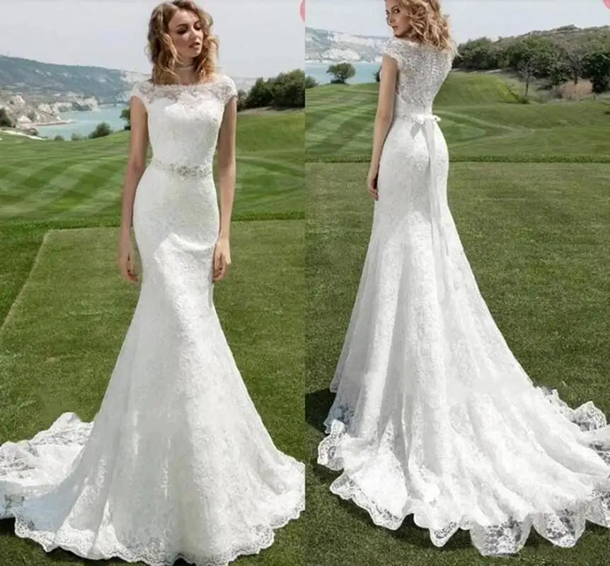 

Country Mermaid Lace Wedding Dresses Bateau Neckline Cap Sleeves Beaded Sash Bridal Gowns Garden Boho Wedding Dress