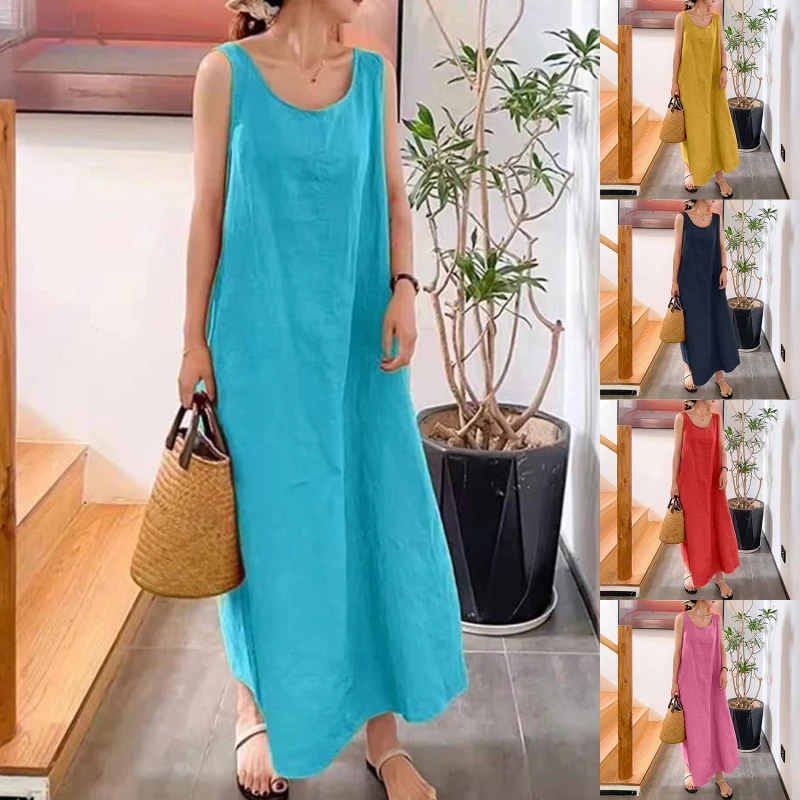 

Summer New Version Long Sling Cotton Linen Simple Loose Pocket Around Neck Temperament Sleeveless Dress Female Dress for Woman