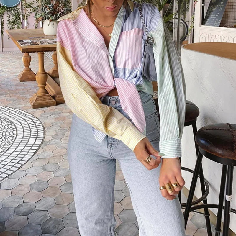 

Women Long Sleeves Fashion Casual Chic Summer Buttons Tops 2021 Striped Patchwork Lady Loose Multicolor Boyfriend Style T-shirts