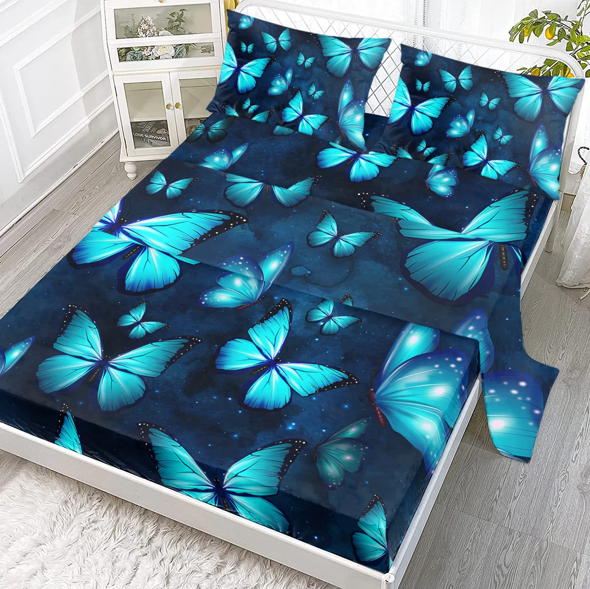 Набор Простыней с блестящими синими бабочками 4 шт. дополнительным комплектом 1