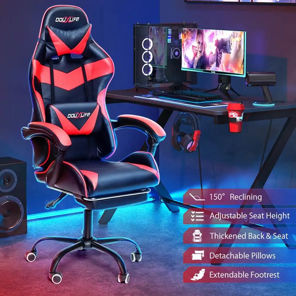 

Gaming Chair Ergonomic Design 150°Reclining Thick Padded Back Integrated Armrest Restractable Footrest High Quality Leather