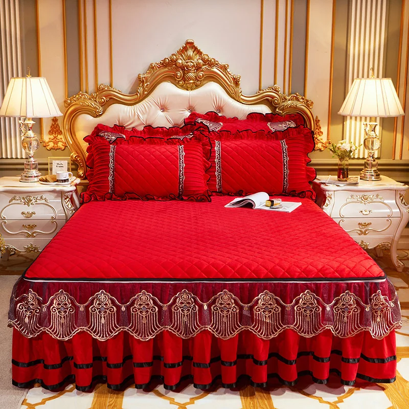 

Luxury Princess Bed Skirt Red Lace Bedspread for Bed Winter Thick King Size Cover Quilted Non-slip Queen Size Sheet Bedding Set