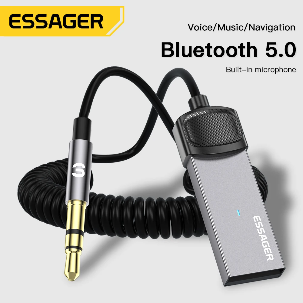 

Essager Wireless Bluetooth 5.0 Receiver Adapter Handsfree Dongle USB To 3.5mm Jack Car Speaker Kit For Car Bluetooth Transmitter