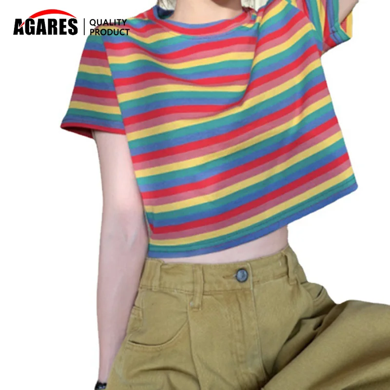 

Футболка женская в полоску, повседневный базовый топ с круглым вырезом, универсальный кроп-топ, свободная рубашка с завышенной талией, улич...