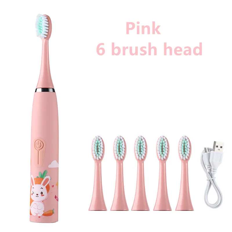 Children Sonic Electric Toothbrush Kids Tooth Brush IPX6 Waterproof USB Rechargeable 6 Replacement Brush Heads Oral Cleaning