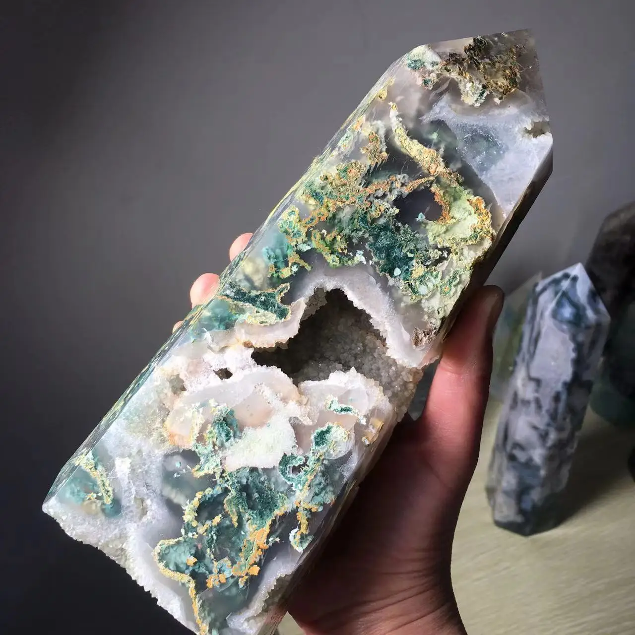 

Natural Beautiful Purple Moss Agate Tower Healing Energy Crystal