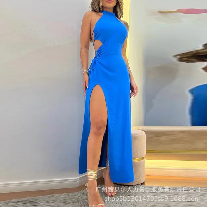 

Summer Sleeveless Sexy Backless Long Dress Y2K Split Sexy Blue Dress Women Solid Color O-neck Slim Fits Bandage Party Dress