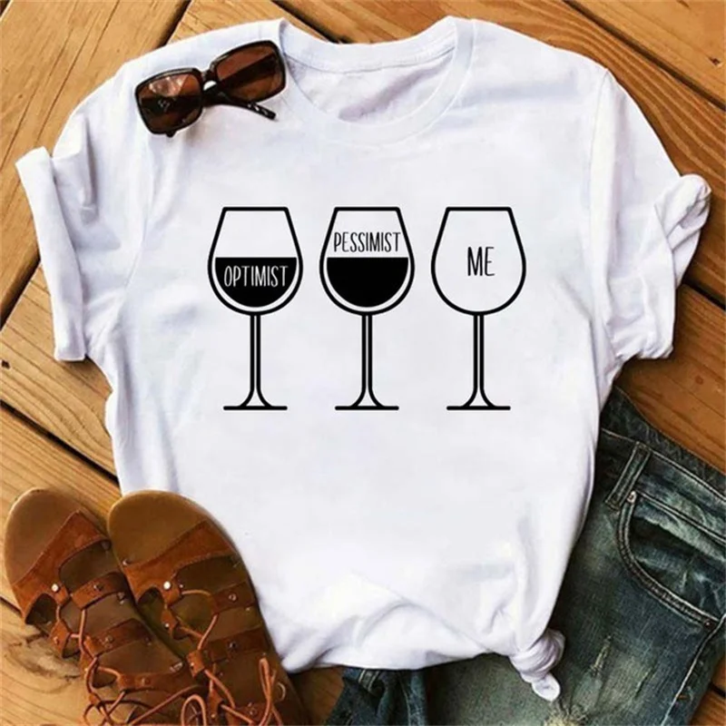 

T-Shirt Women Rose Gold Wine Glasses Print White and Black T-Shirt Summer Casual Loose Plus Size T Shirt Female Tops Tee