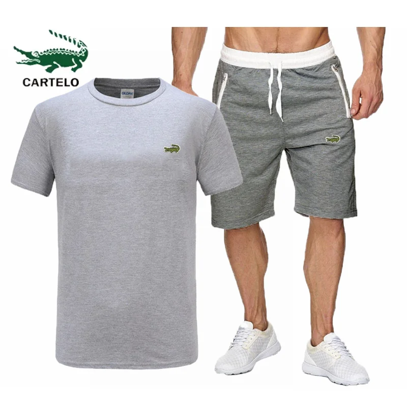 High quality luxury 2023 summer new men's short sleeve T-shirt + shorts set fashion solid color T-shirt men
