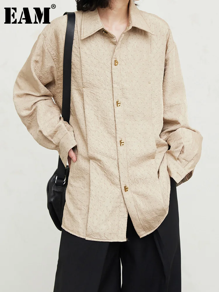 

[EAM] Women Khaki Textured Big Size Vintage Blouse New Lapel Long Sleeve Loose Fit Shirt Fashion Tide Spring Autumn 2023 1DH1676