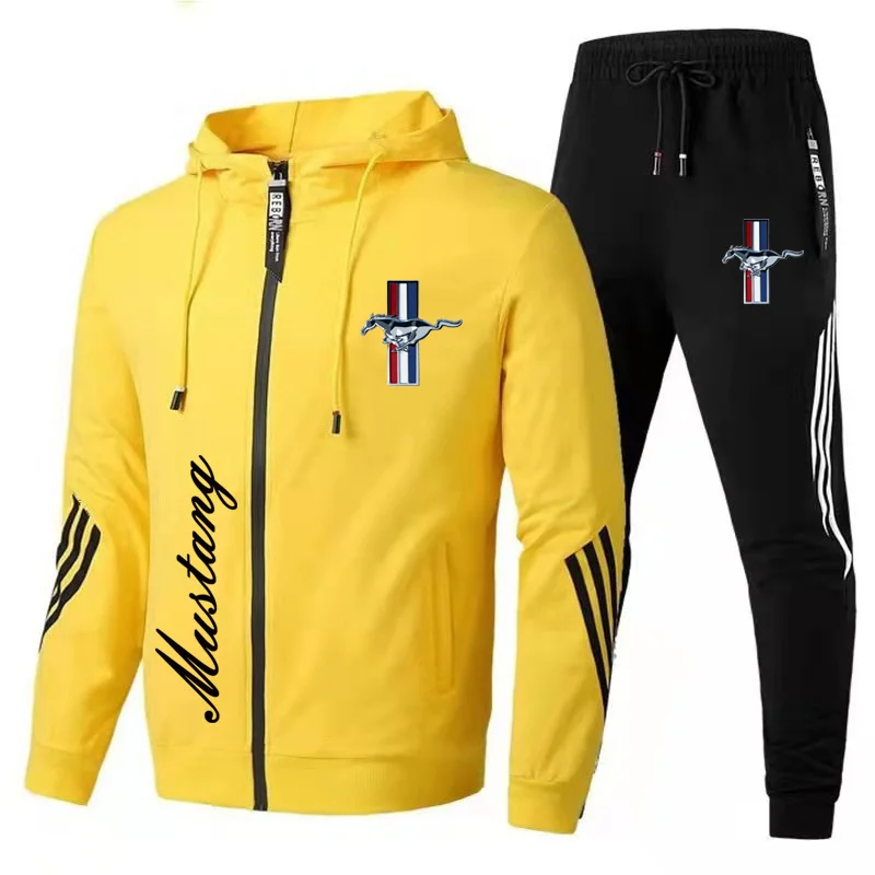 New Men's Sportswear Ford Mustang Car Logo Printed Hooded Sweatshirt+Trousers Casual Fit Running Fitness Men's Sportswear 2PK