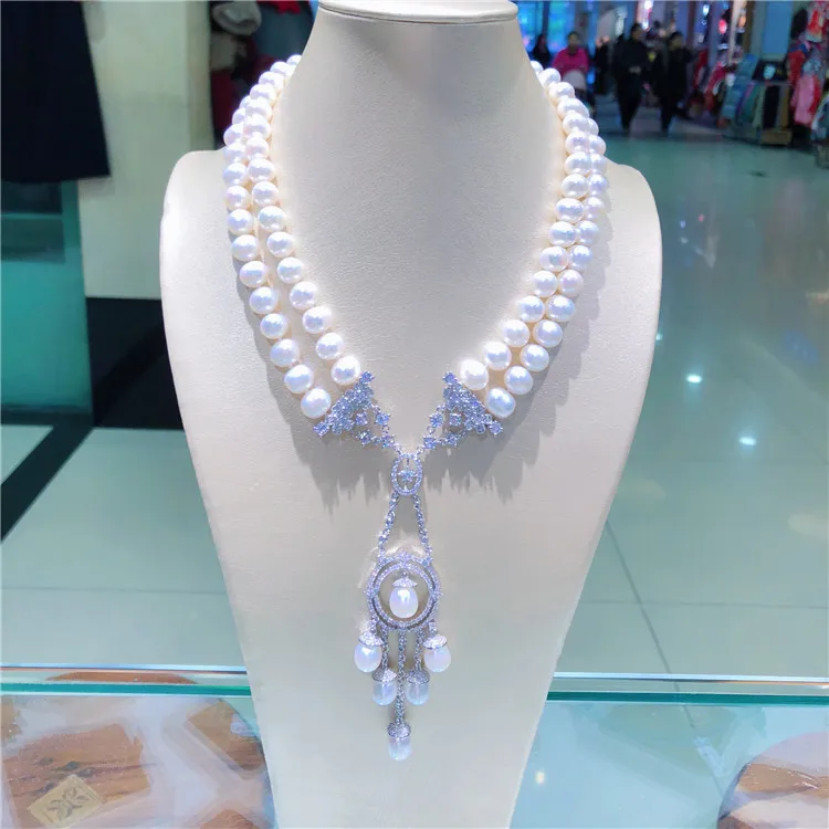 New style natural 2rows 8-9mm white freshwater pearl micro inlay zircon accessories necklace fashion jewelry