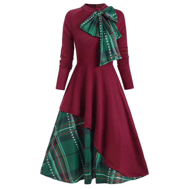 

Autumn Plaid Contrast Bowknot Flared Overlay Dress Long Sleeves Casual Traf Vestidos 2022 Gothic Retro Dress Women Party Dress