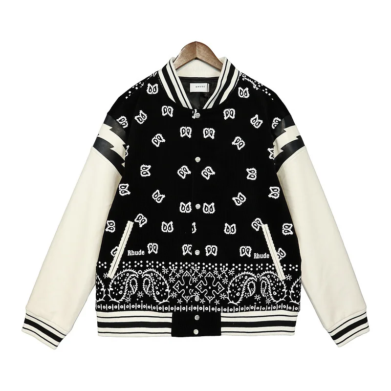 

Luxury Brand high quality Rhude Varsity Baseball Men Women 1:1 Best Quality Patchwork Cashew Flower Lightning Sleeve Raglan Bomb