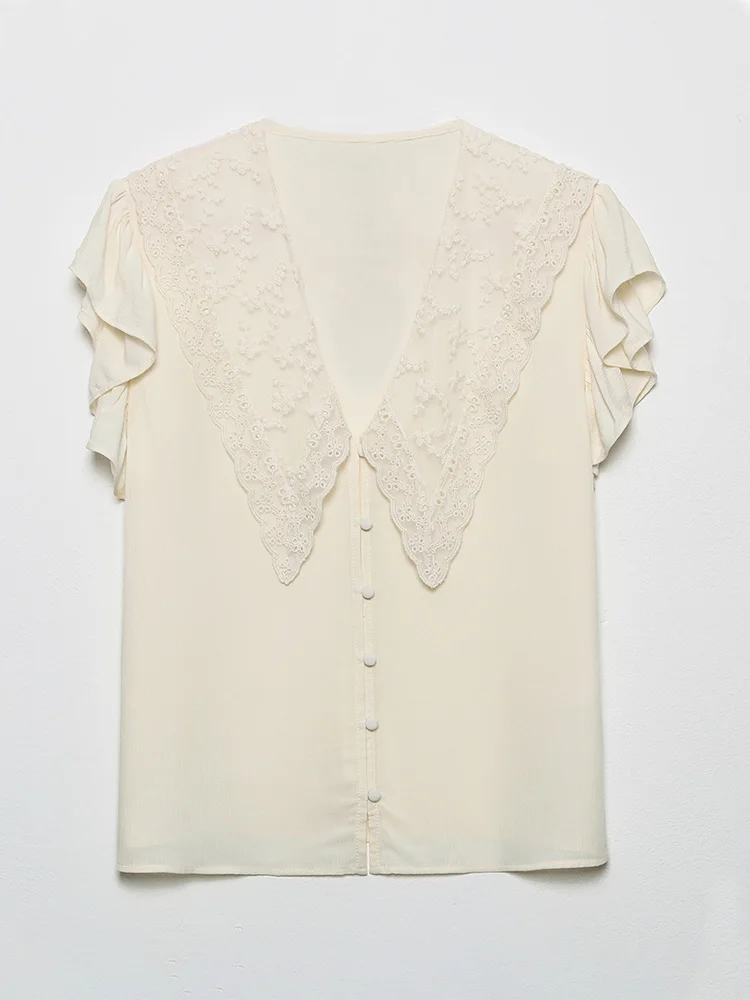 

Summer Blouses For Women 2022 Embroidery Lapel Collar V Neck Blouse Tops Ruffle Short Sleeve Front Buttoned Casual Blouse Shirt