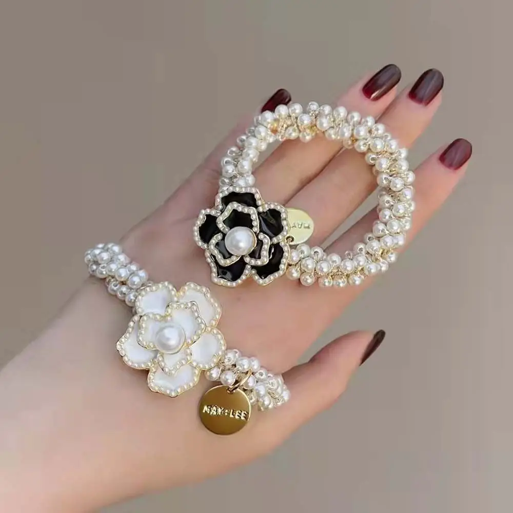 

Резинка для волос с жемчужинами и бантом женская, эластичная лента с бусинами в виде медведя камелии, аксессуар для волос