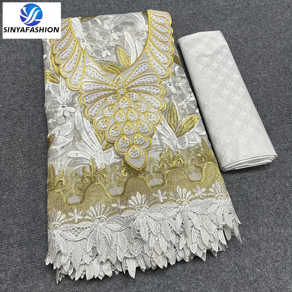 

2023 High Quality 2.5 Yards African Embroidery French Net Lace Fabric And 2.5 Yards Jacquard Brocade Bazin Riche Dress Wedding